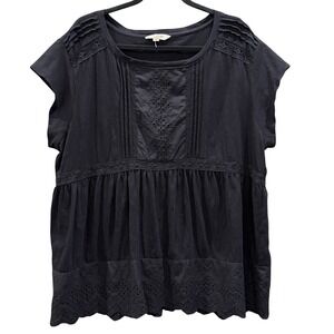 Lucky Brand Black Eyelet Lace Babydoll Top Cotton Boho Blouse Womens 1X